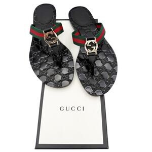 Gucci Interlocking GG Thong Sandal Black Leather Flat Flip Flop Slide EU 39 US 9